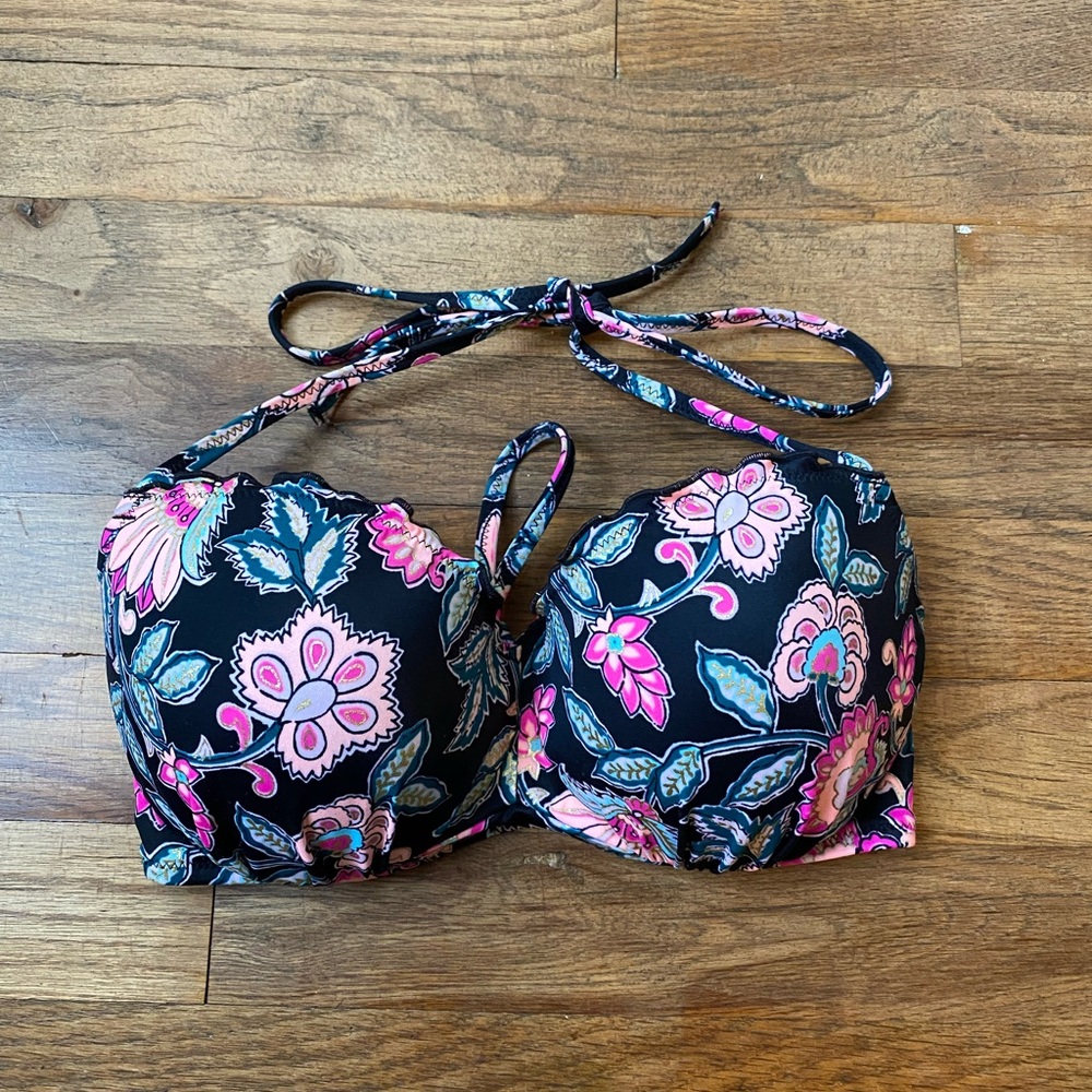 Pretty Swim Suit Top Pink Leaves Floral Ruffle Womens